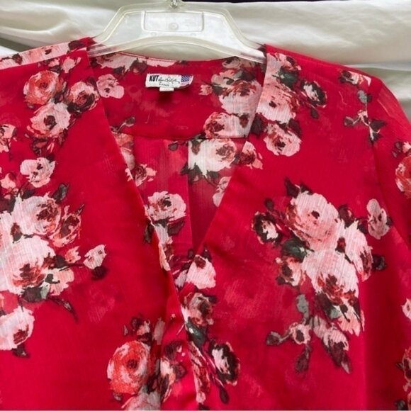 KUT from the Kloth red floral sheer long sleeve blouse, size small - Picture 6 of 9